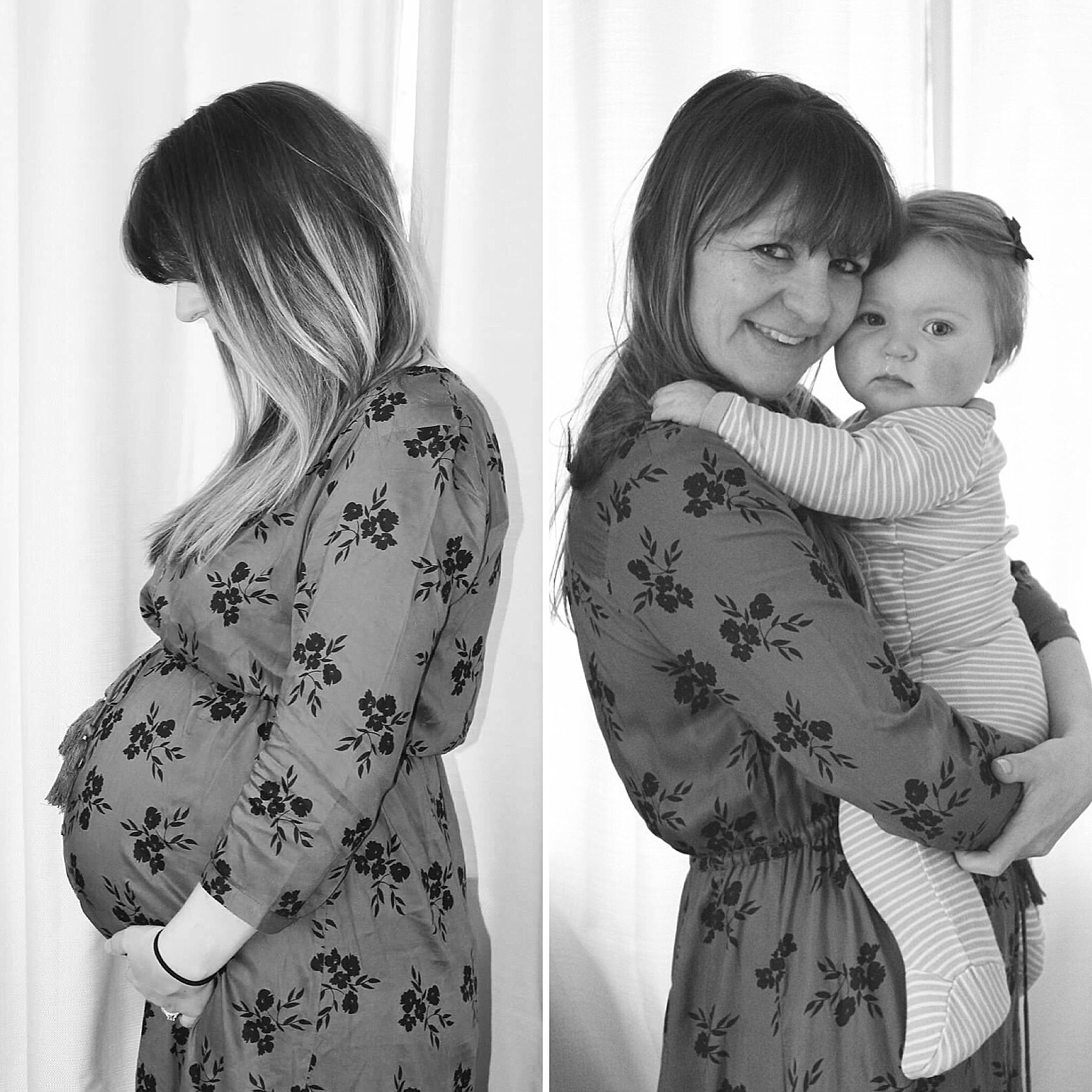 A woman models pregnancy photo ideas by putting two pictures side by side - one of herself nine months pregnant and one of her holding her nine month old baby.