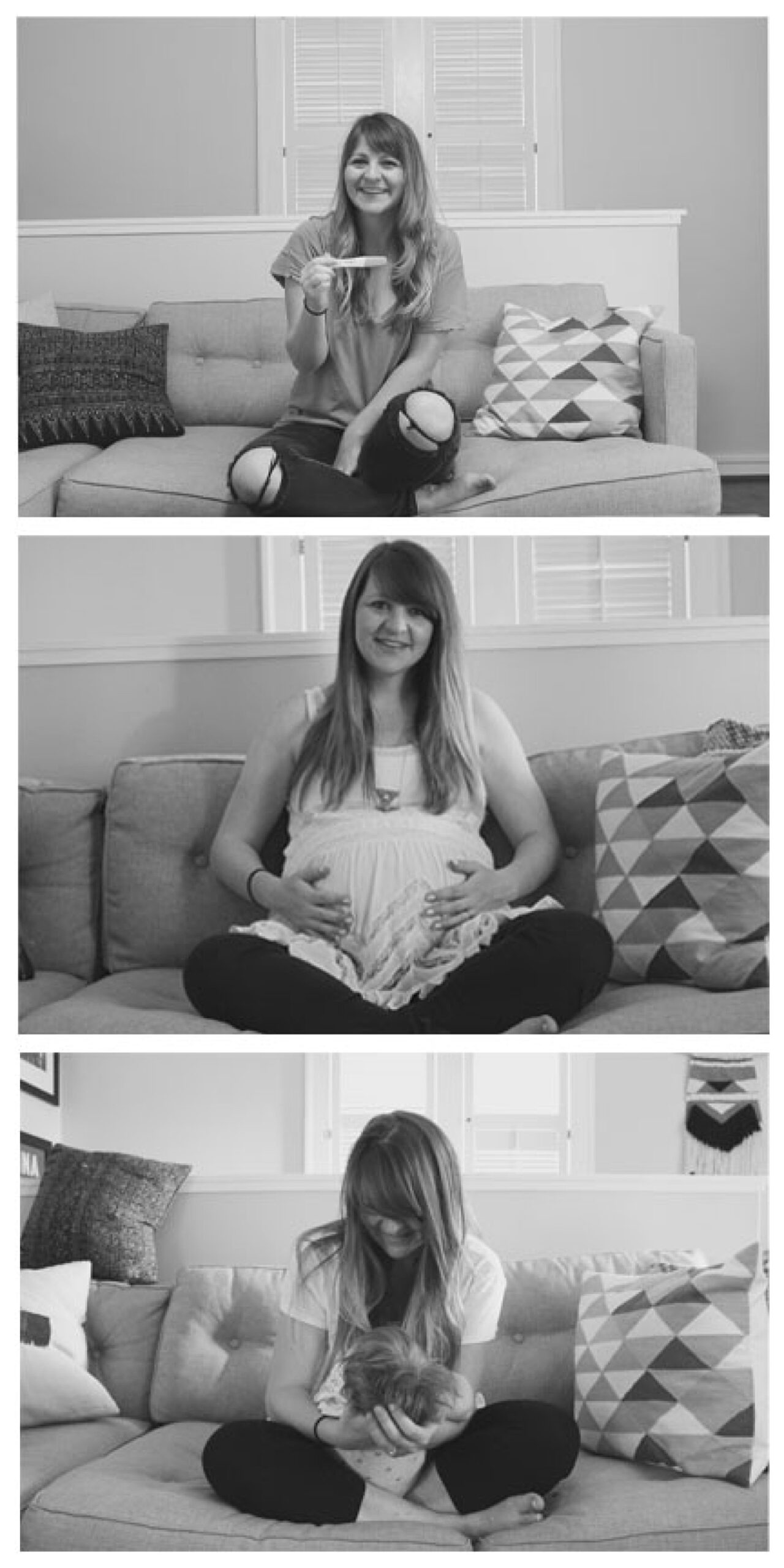 A series of three photos shows a woman holding a positive pregnancy test, sitting pregnant, and holding a newborn.